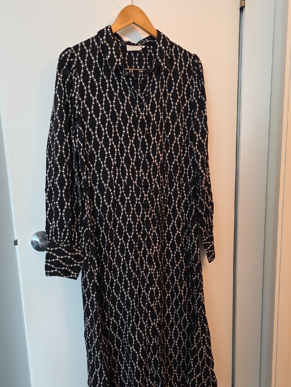 Kaffe Black Long Sleeve Shirt Dress with White Chain Dot Print